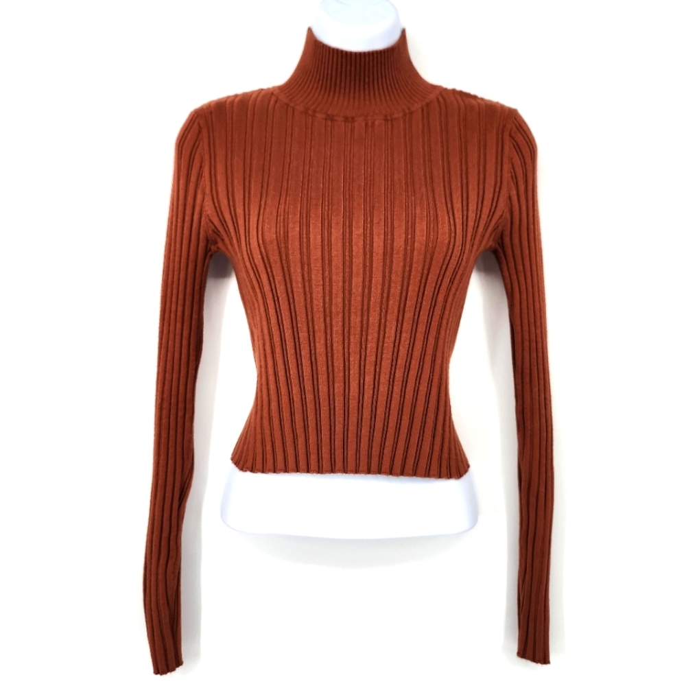 Pink Republic Womens Mock Neck Sweater Size L Rust Brown Cropped Ribbed Slinky